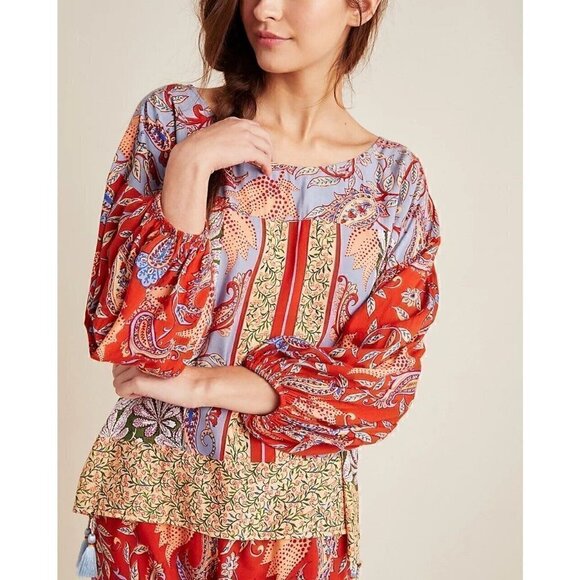 Anthropologie Tops - Anthropologie Sonrisa Paisley Floral Tassled Boho Peasant Viscose Blouse Size S